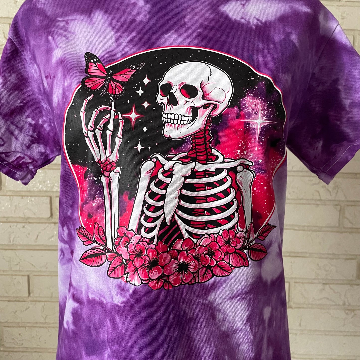 Skeleton and Butterfly Graphic Purple Tie-Dye Tee - Adult Size Small