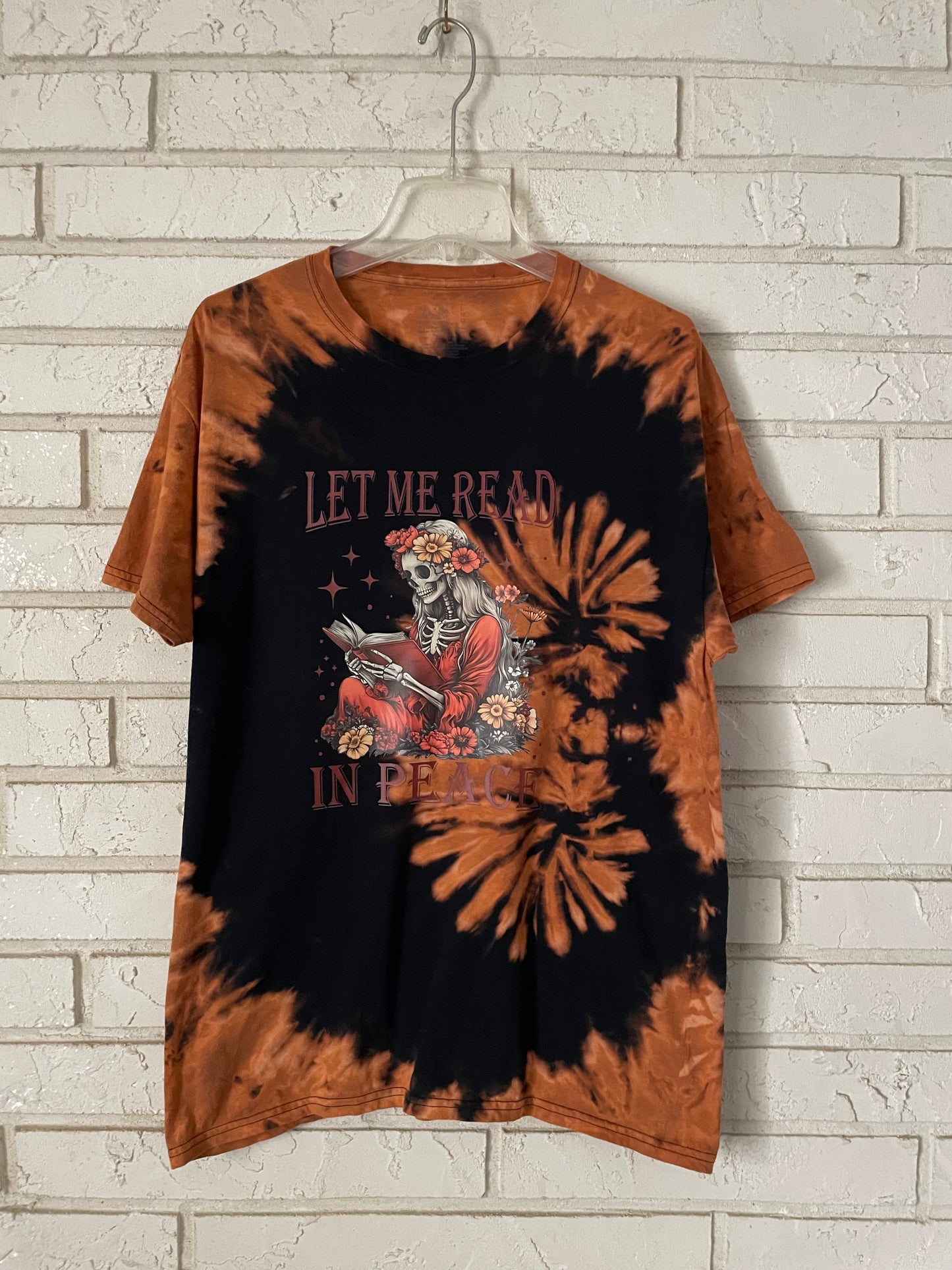 “LET ME READ IN PEACE” Skeleton Graphic Reverse Dyed Tee