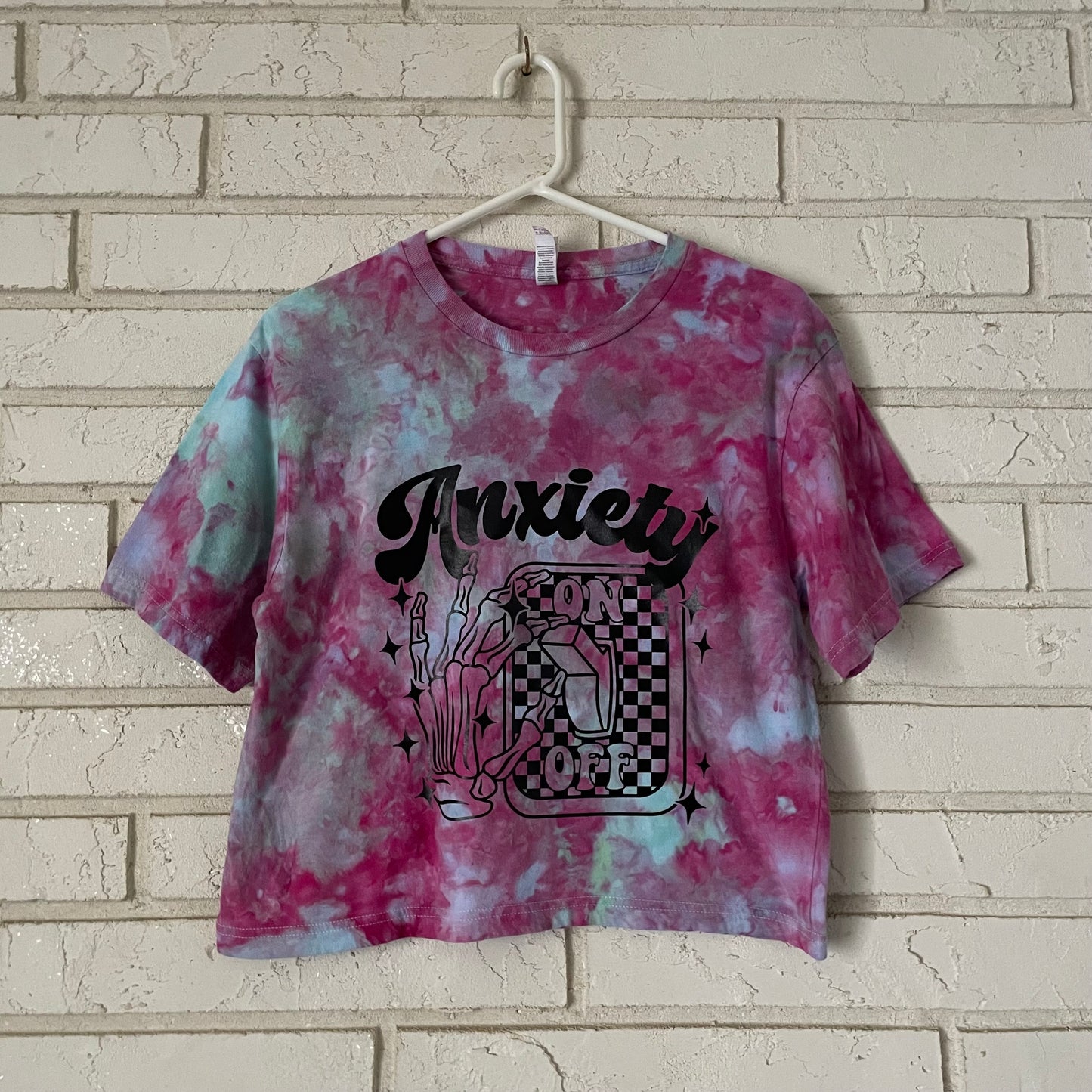 Skeleton Hand On/Off Switch Anxiety Cropped Tie-Dye Graphic Tee - Size Medium