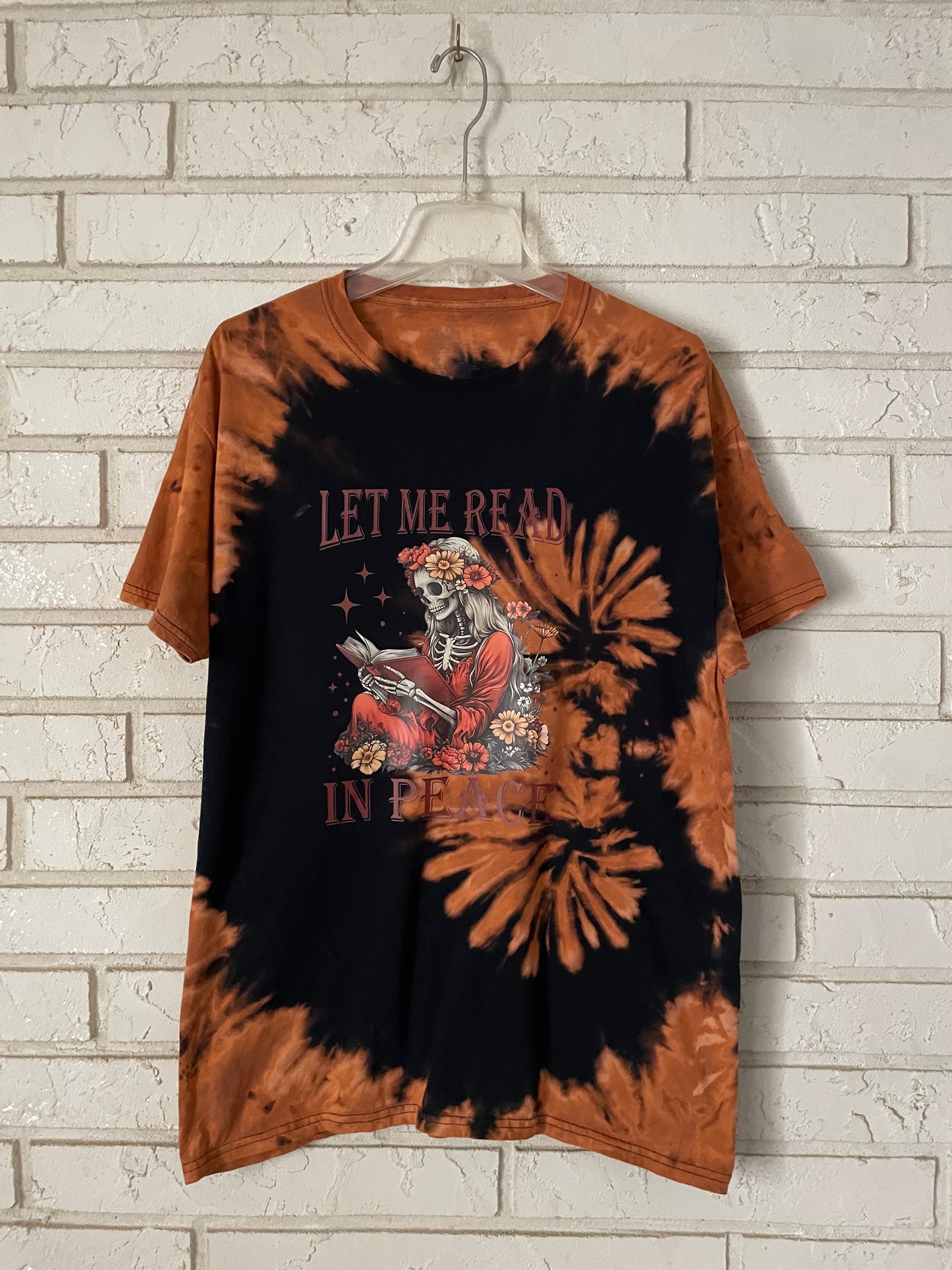 “LET ME READ IN PEACE” Skeleton Graphic Reverse Dyed Tee