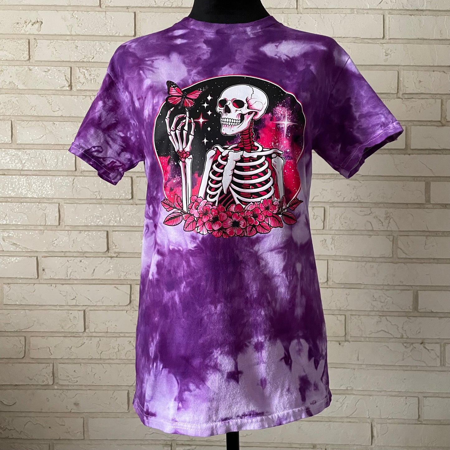 Skeleton and Butterfly Graphic Purple Tie-Dye Tee - Adult Size Small
