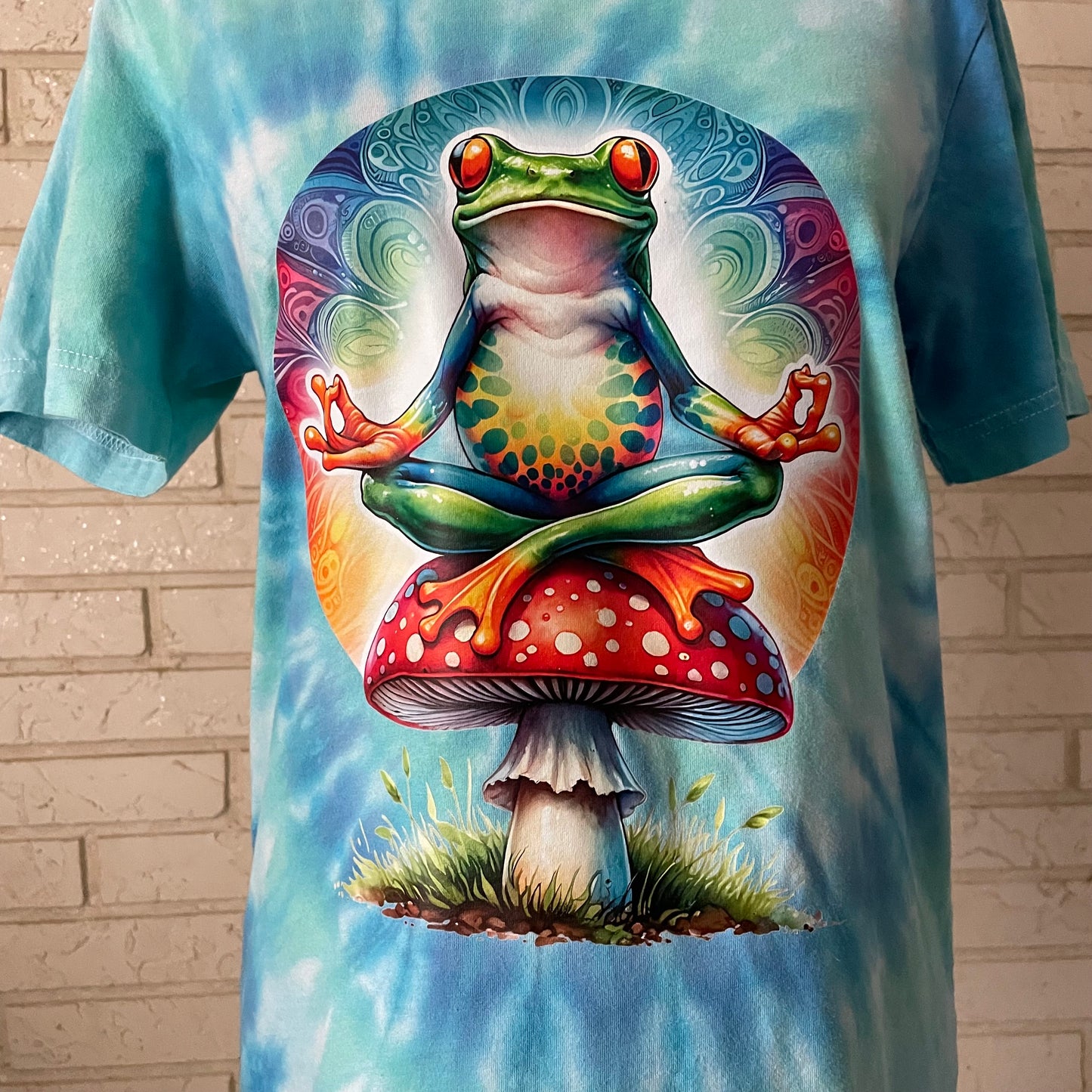 Peace Frog on Mushroom Graphic Tee - Spiral Tie-Dye - Adult Size Small