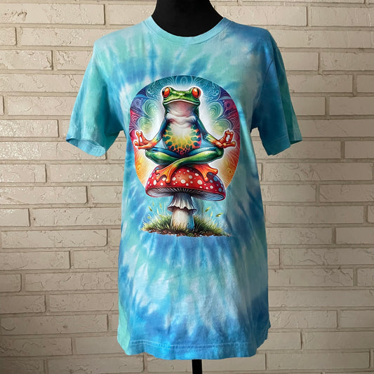 Peace Frog on Mushroom Graphic Tee - Spiral Tie-Dye - Adult Size Small